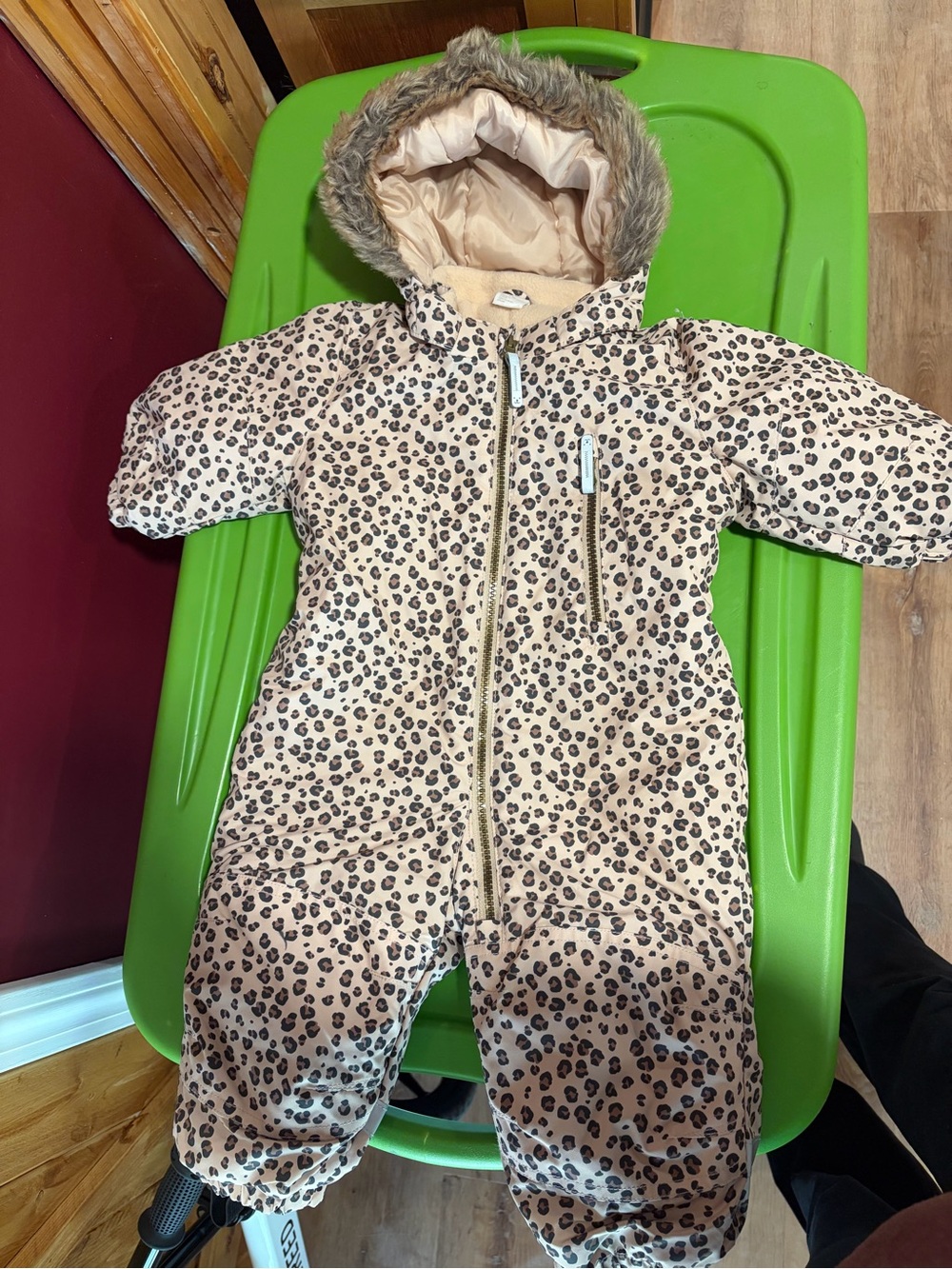 H&M Beige and Black Leopard-Print Baby Snowsuit with Faux Fur Trim